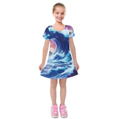 Storm Tsunami Waves Ocean Sea Nautical Nature Kids  Short Sleeve Velvet Dress by Pakjumat