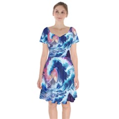 Storm Tsunami Waves Ocean Sea Nautical Nature Short Sleeve Bardot Dress by Pakjumat