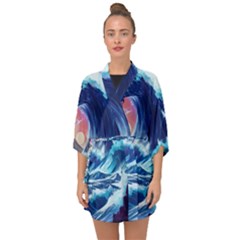 Storm Tsunami Waves Ocean Sea Nautical Nature Half Sleeve Chiffon Kimono by Pakjumat