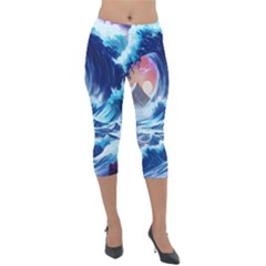 Storm Tsunami Waves Ocean Sea Nautical Nature Lightweight Velour Capri Leggings  by Pakjumat