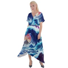 Storm Tsunami Waves Ocean Sea Nautical Nature Cross Front Sharkbite Hem Maxi Dress by Pakjumat