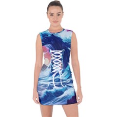 Storm Tsunami Waves Ocean Sea Nautical Nature Lace Up Front Bodycon Dress by Pakjumat