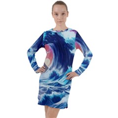 Storm Tsunami Waves Ocean Sea Nautical Nature Long Sleeve Hoodie Dress by Pakjumat