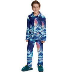 Storm Tsunami Waves Ocean Sea Nautical Nature Kids  Long Sleeve Velvet Pajamas Set by Pakjumat