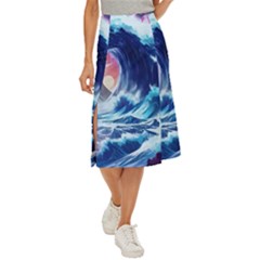 Storm Tsunami Waves Ocean Sea Nautical Nature Midi Panel Skirt by Pakjumat