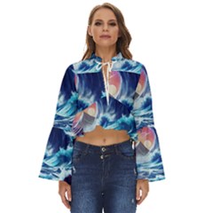 Storm Tsunami Waves Ocean Sea Nautical Nature Boho Long Bell Sleeve Top by Pakjumat