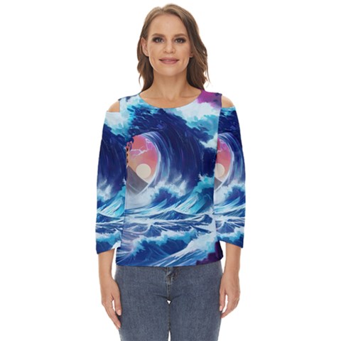 Storm Tsunami Waves Ocean Sea Nautical Nature Cut Out Wide Sleeve Top by Pakjumat