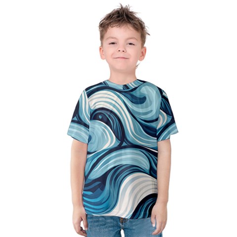 Pattern Ocean Waves Arctic Ocean Blue Nature Sea Kids  Cotton T-shirt by Pakjumat