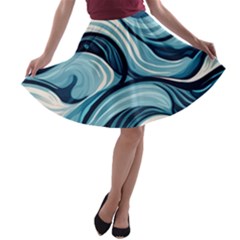 Pattern Ocean Waves Arctic Ocean Blue Nature Sea A-line Skater Skirt by Pakjumat