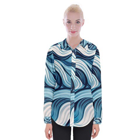 Pattern Ocean Waves Arctic Ocean Blue Nature Sea Womens Long Sleeve Shirt by Pakjumat