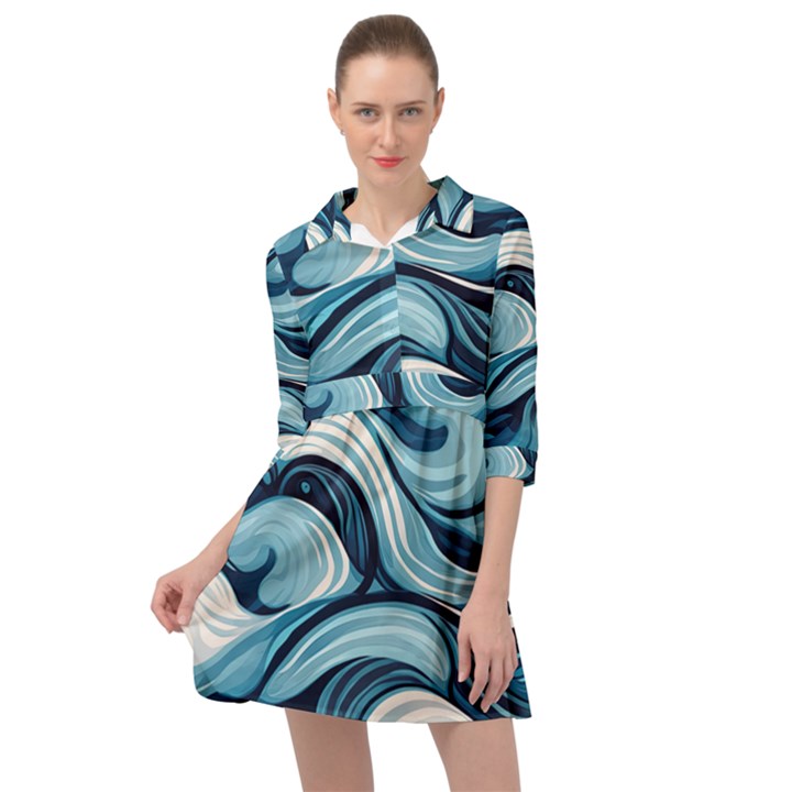 Pattern Ocean Waves Arctic Ocean Blue Nature Sea Mini Skater Shirt Dress