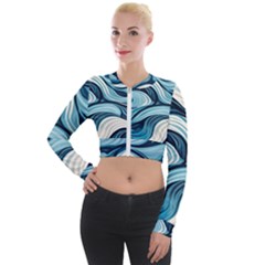 Pattern Ocean Waves Arctic Ocean Blue Nature Sea Long Sleeve Cropped Velvet Jacket by Pakjumat