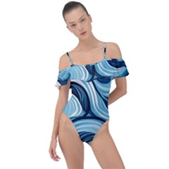 Pattern Ocean Waves Arctic Ocean Blue Nature Sea Frill Detail One Piece Swimsuit