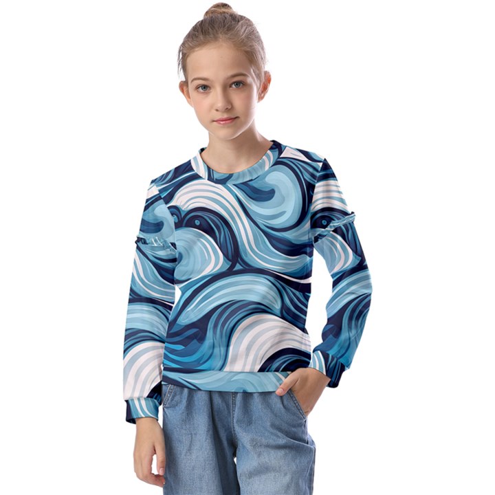 Pattern Ocean Waves Arctic Ocean Blue Nature Sea Kids  Long Sleeve T-Shirt with Frill 