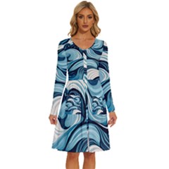 Pattern Ocean Waves Arctic Ocean Blue Nature Sea Long Sleeve Dress With Pocket by Pakjumat