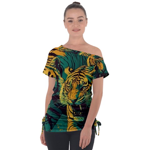 Abstract Landscape Nature Floral Animals Portrait Off Shoulder Tie-up T-shirt by Pakjumat