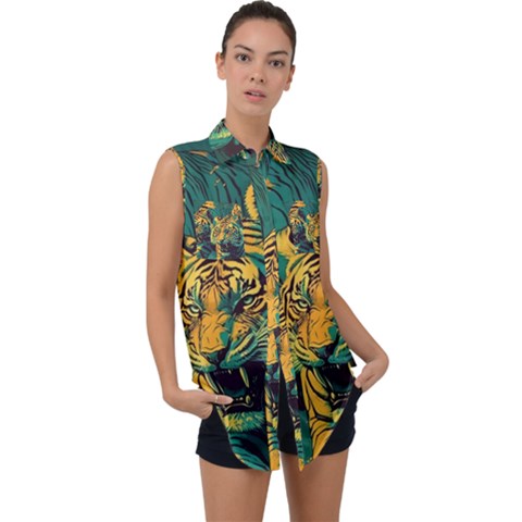 Abstract Landscape Nature Floral Animals Portrait Sleeveless Chiffon Button Shirt by Pakjumat