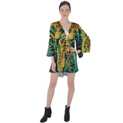 Abstract Landscape Nature Floral Animals Portrait V-neck Flare Sleeve Mini Dress by Pakjumat