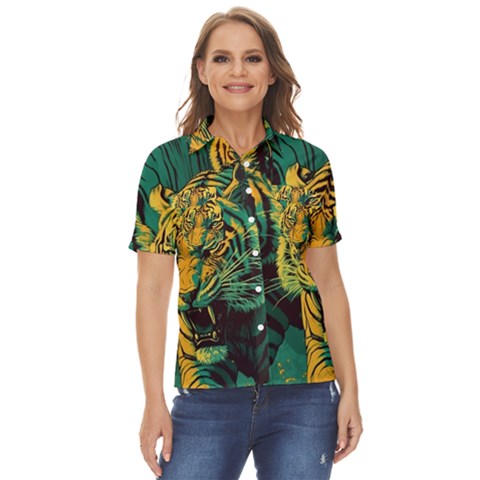 Abstract Landscape Nature Floral Animals Portrait Women s Short Sleeve Double Pocket Shirt by Pakjumat