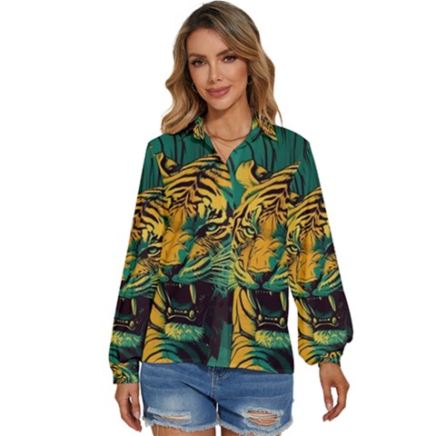 Abstract Landscape Nature Floral Animals Portrait Women s Long Sleeve Button Up Shirt by Pakjumat