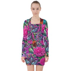 Flowers Nature Spring Blossom Flora Petals Art V-neck Bodycon Long Sleeve Dress by Pakjumat