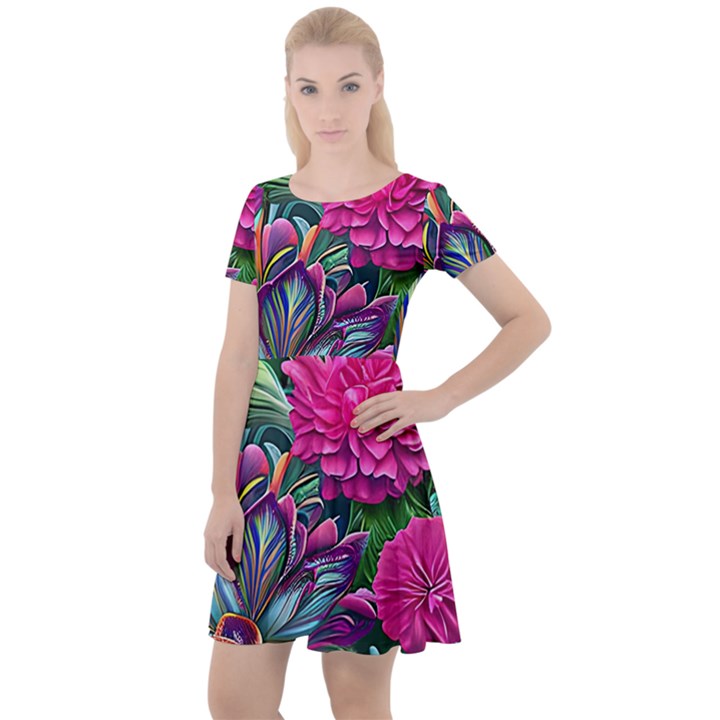 Flowers Nature Spring Blossom Flora Petals Art Cap Sleeve Velour Dress 