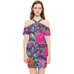 Flowers Nature Spring Blossom Flora Petals Art Shoulder Frill Bodycon Summer Dress by Pakjumat