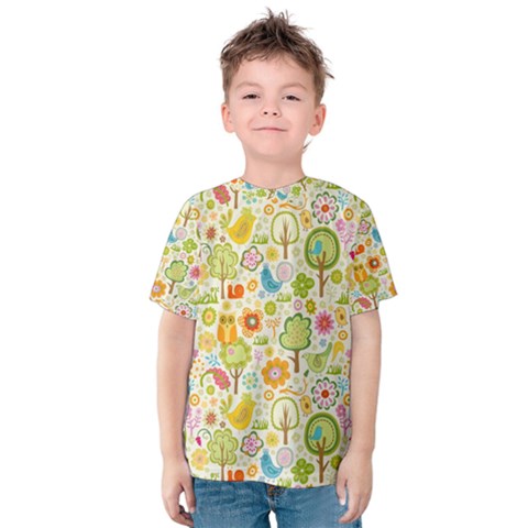 Nature Doodle Art Trees Birds Owl Children Pattern Multi Colored Kids  Cotton T-shirt by Pakjumat