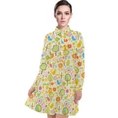 Nature Doodle Art Trees Birds Owl Children Pattern Multi Colored Long Sleeve Chiffon Shirt Dress by Pakjumat