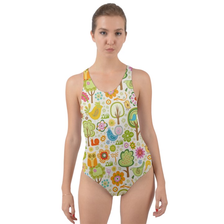 Nature Doodle Art Trees Birds Owl Children Pattern Multi Colored Cut-Out Back One Piece Swimsuit