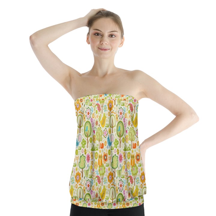 Nature Doodle Art Trees Birds Owl Children Pattern Multi Colored Strapless Top