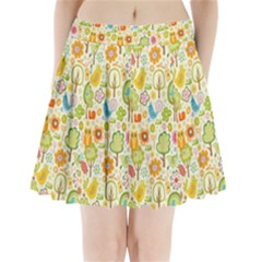 Nature Doodle Art Trees Birds Owl Children Pattern Multi Colored Pleated Mini Skirt by Pakjumat