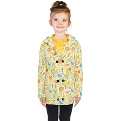 Nature Doodle Art Trees Birds Owl Children Pattern Multi Colored Kids  Double Breasted Button Coat by Pakjumat