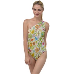 Nature Doodle Art Trees Birds Owl Children Pattern Multi Colored To One Side Swimsuit by Pakjumat