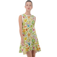 Nature Doodle Art Trees Birds Owl Children Pattern Multi Colored Frill Swing Dress by Pakjumat