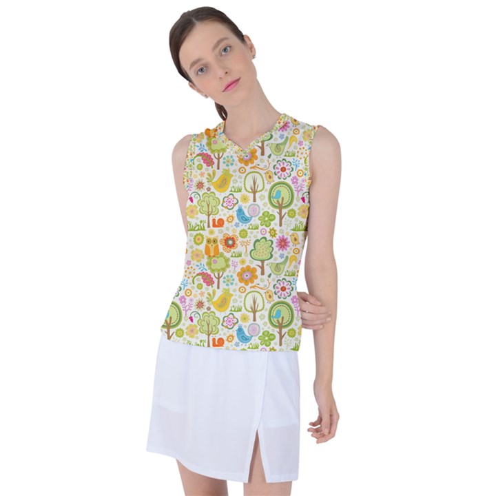 Nature Doodle Art Trees Birds Owl Children Pattern Multi Colored Women s Sleeveless Sports Top