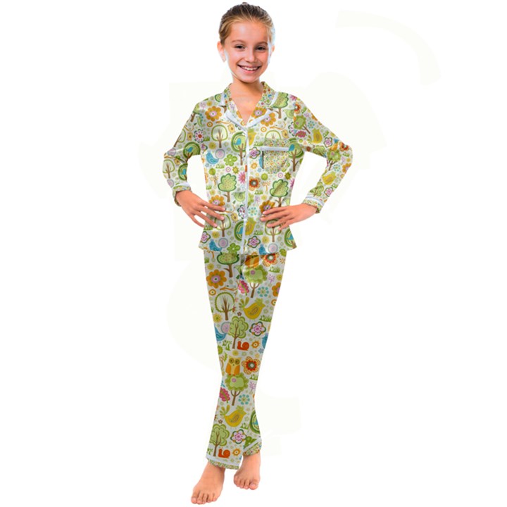 Nature Doodle Art Trees Birds Owl Children Pattern Multi Colored Kids  Satin Long Sleeve Pajamas Set