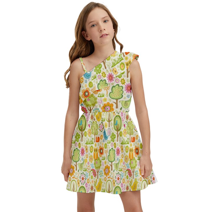 Nature Doodle Art Trees Birds Owl Children Pattern Multi Colored Kids  One Shoulder Party Dress