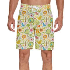 Nature Doodle Art Trees Birds Owl Children Pattern Multi Colored Men s Beach Shorts by Pakjumat