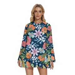 Flowers Flower Flora Nature Floral Background Painting Round Neck Long Sleeve Bohemian Style Chiffon Mini Dress by Pakjumat