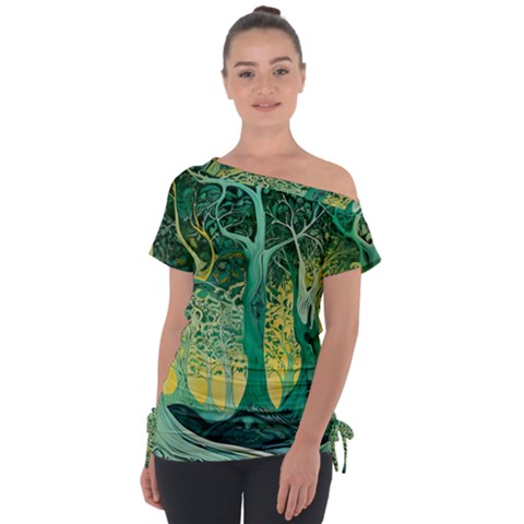 Nature Trees Forest Mystical Forest Jungle Off Shoulder Tie-up T-shirt by Pakjumat