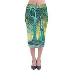 Nature Trees Forest Mystical Forest Jungle Velvet Midi Pencil Skirt by Pakjumat