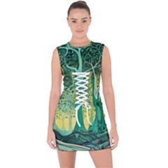 Nature Trees Forest Mystical Forest Jungle Lace Up Front Bodycon Dress by Pakjumat