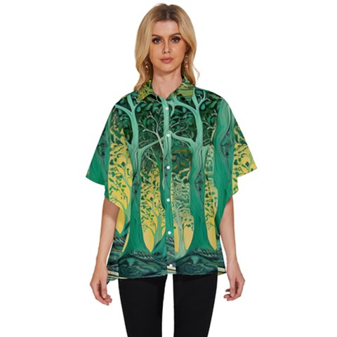 Nature Trees Forest Mystical Forest Jungle Women s Batwing Button Up Shirt by Pakjumat