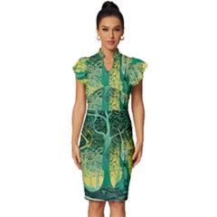 Nature Trees Forest Mystical Forest Jungle Vintage Frill Sleeve V-neck Bodycon Dress by Pakjumat