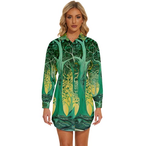 Nature Trees Forest Mystical Forest Jungle Womens Long Sleeve Shirt Dress by Pakjumat