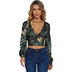 Tropical Leaves Foliage Monstera Nature Home Long Sleeve Deep-v Velour Top by Pakjumat