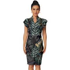 Tropical Leaves Foliage Monstera Nature Home Vintage Frill Sleeve V-neck Bodycon Dress by Pakjumat