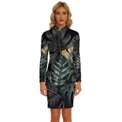 Tropical Leaves Foliage Monstera Nature Home Long Sleeve Shirt Collar Bodycon Dress by Pakjumat