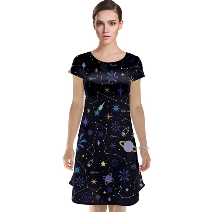 Starry Night  Space Constellations  Stars  Galaxy  Universe Graphic  Illustration Cap Sleeve Nightdress